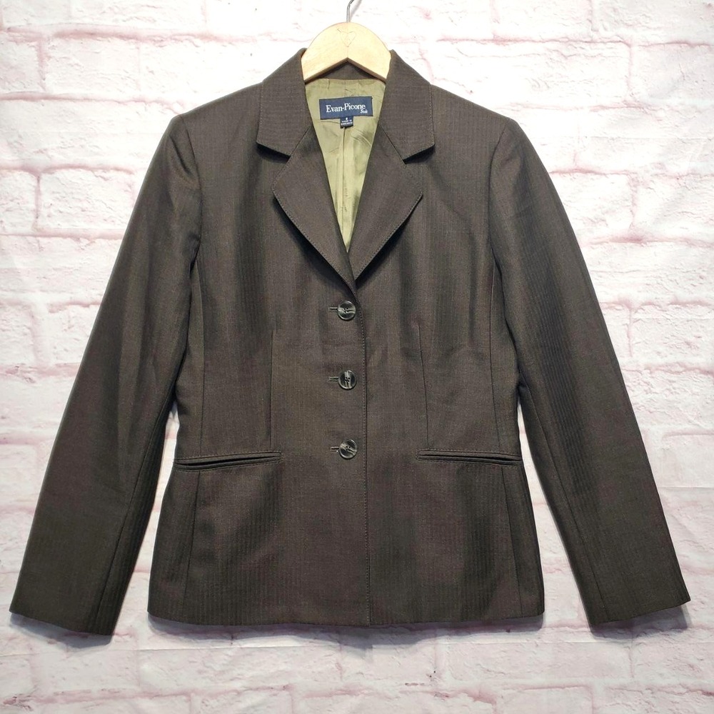 Evan Picone Suit Jacket Womens 8 Brown Herringbone Lined Blazer Career Officeโ